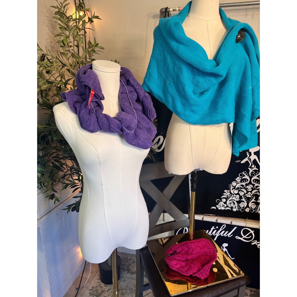 2 Chunky Knit Scarf Wrap Shawl Set Purple Teal Cozy Winter Fashion 1 Hat